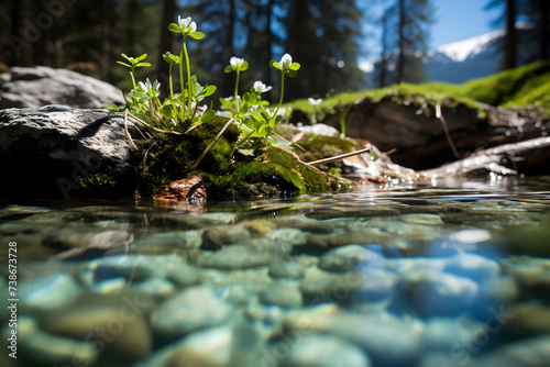 beautiful spring flowers in the mountain lake with clear water and stones