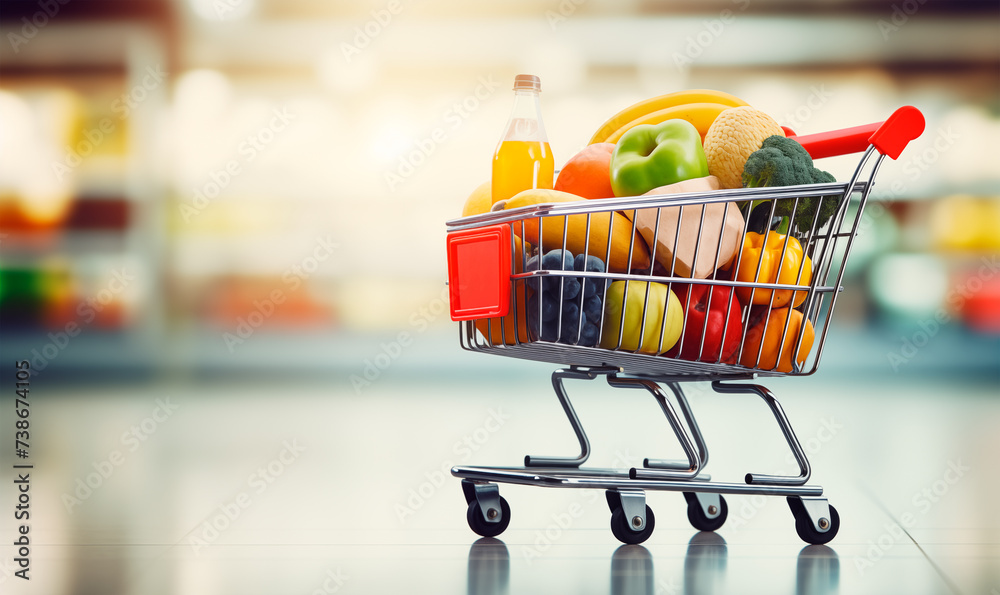 Supermarket trolley concept full of different groceries on blurred supermarket background
