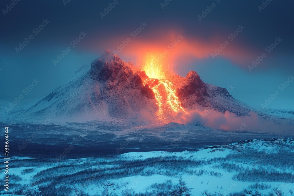 An active volcano dramatically erupts, spewing molten lava and ash under a twilight sky, casting a fiery glow over the surrounding mountains.