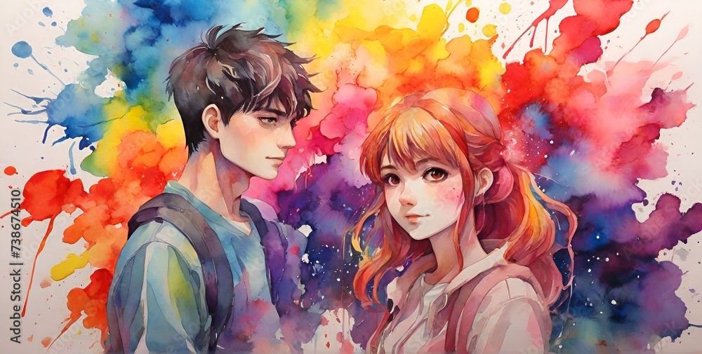 Cute Anime Couple Aesthetic Romantic with colorful paint splashes retelling of the classic fairy tale, AI-generated