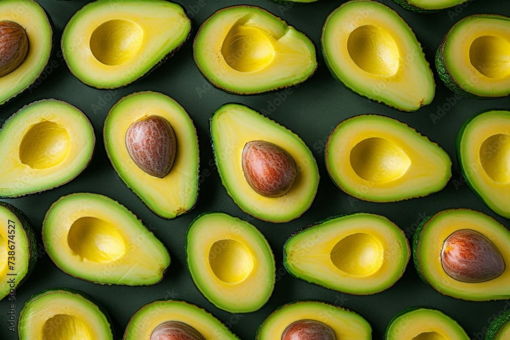 Fresh ripe avocados sliced in half arranged on green background in a creative pattern Fresh ripe avocados sliced in half arranged on green background in a creative pattern