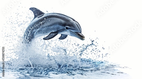 dolphin leaping out of sparkling water against a plain white background