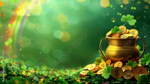 st patricks day pot of gold with rainbow and copy space