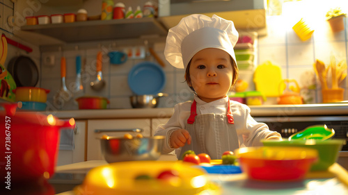 Toddler Chef: A toddler in a chef's hat and apron, pretending to cook in a toy kitchen with pots, pans, and plastic food