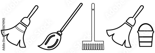 floor moop line art icon. cleaning tools set, mop, bucket thin line icon, isolated on white. vector illustration.