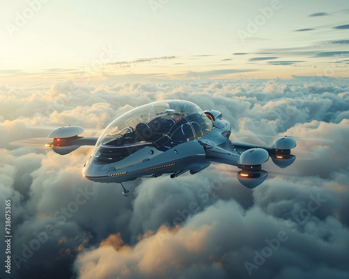 Autonomous flying taxi navigating through clouds offering a glimpse of future urban mobility photo