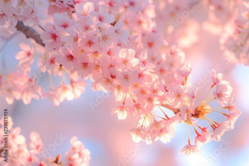 Pink cherry blossom. Sun rays flare through flower petals of cherry blossom flower in spring. Blooming trees in the park. Springtime and floral concept.