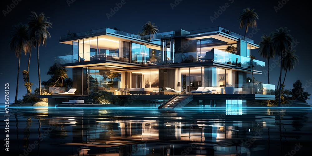 Real Estate House in 3D, 3D Luxury house design with pool, A new generation of sea view housing simple glass simple background seaside


