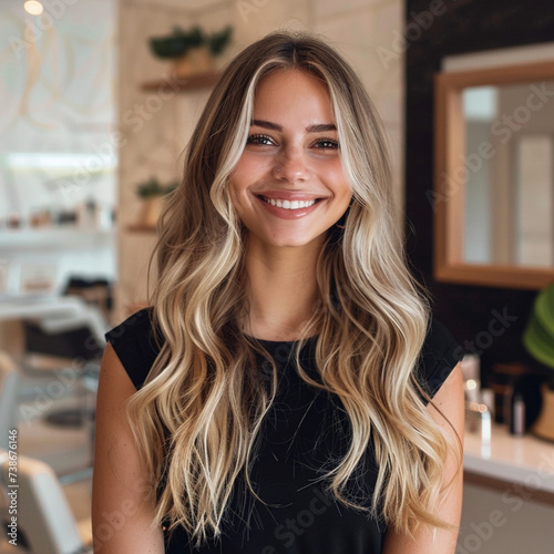 25 year old female with long blonde hair wearing black working in a beauty salon smiling clean minimalist style light colors editorial style magazine blurred background