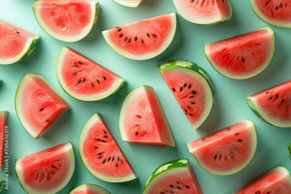 Fresh watermelon slices on blue background, summer fruit concept, top view flat lay Fresh watermelon slices on blue background, summer fruit concept, top view flat lay