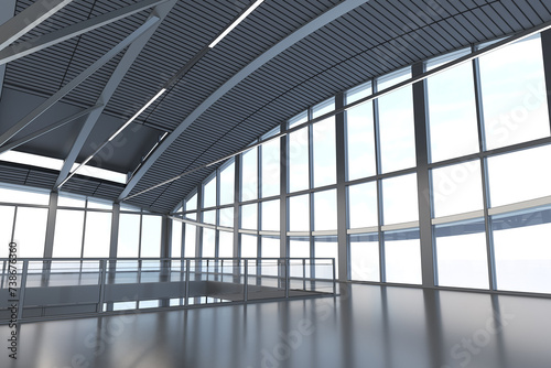 Commercial center hall  exhibition hallway with glass walls and domed ceiling. 3d illustration