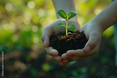 Hand holding seedling are growing from the rich soil. Development, ESG, Credit Carbon, Green business, finance and saving money for sustainability investment concept.