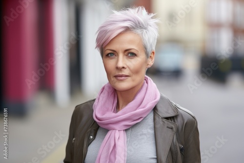 Portrait of a beautiful middle-aged woman with pink hair wearing a scarf © Loli