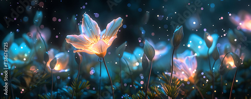 Techno-organic garden where luminous flowers bloom and release shimmering pollen into the night air.