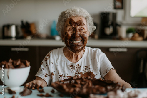 Play with creamy chocolate dessert old lady who has fun getting dirty with chocolate Happy Easter with chocolate dessert
