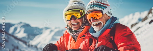 elderly couple skiing on mountain slopes . Generative AI