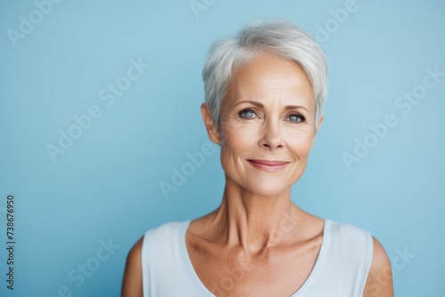 Feeling great. Beautiful mature woman looking at camera and smiling while standing against blue background