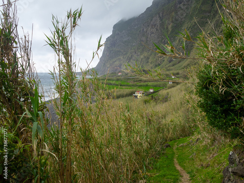 Trekking path to Fajã de Lopo Vaz in Flores Island, Azores photo