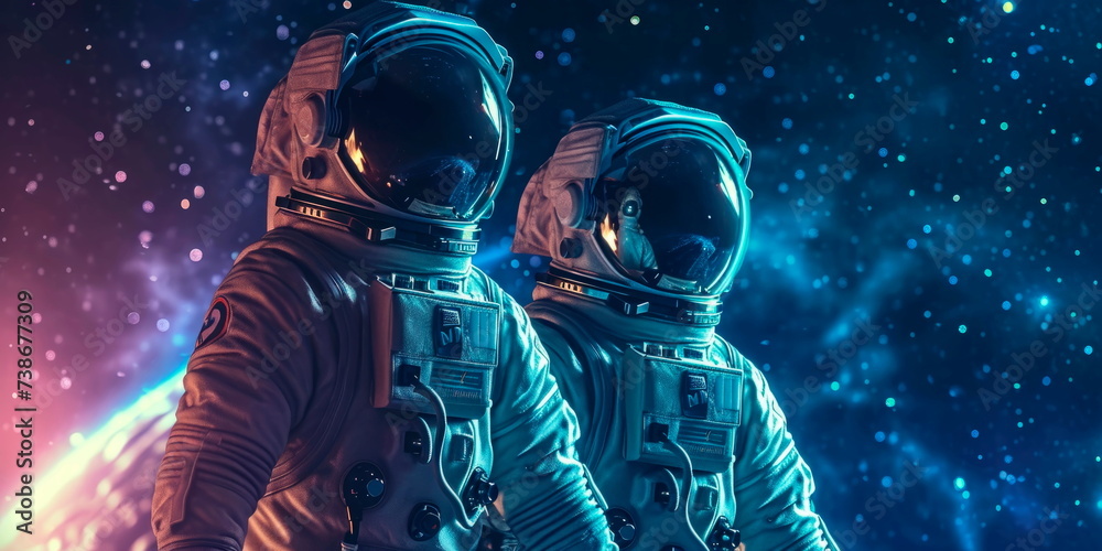two astronauts in love against the background of outer space, Generative AI