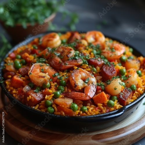 Traditional Spanish Paella: An authentic shot of Spanish paella with saffron-infused rice, seafood, and chorizo