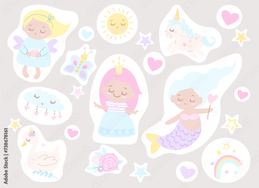 Stickers kids. Cute girl, princess, fairy, mermaid, unicorn, rainbow, swan, flowers, butterfly collection, set. Vector illustration isolated. Funny, cartoon stickers for girl, children. Baby stickers