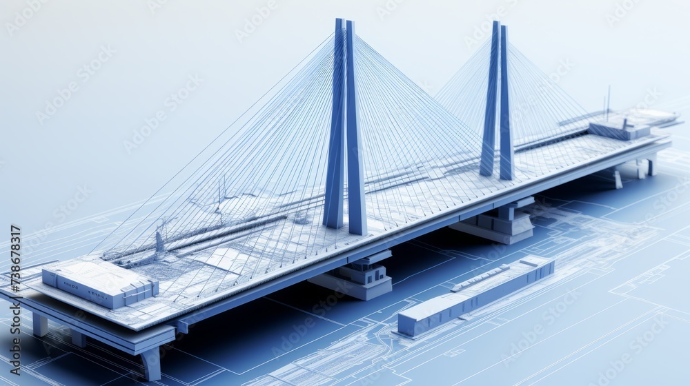 Fototapeta premium vision of architecture of a 3d model bridge project with blueprint