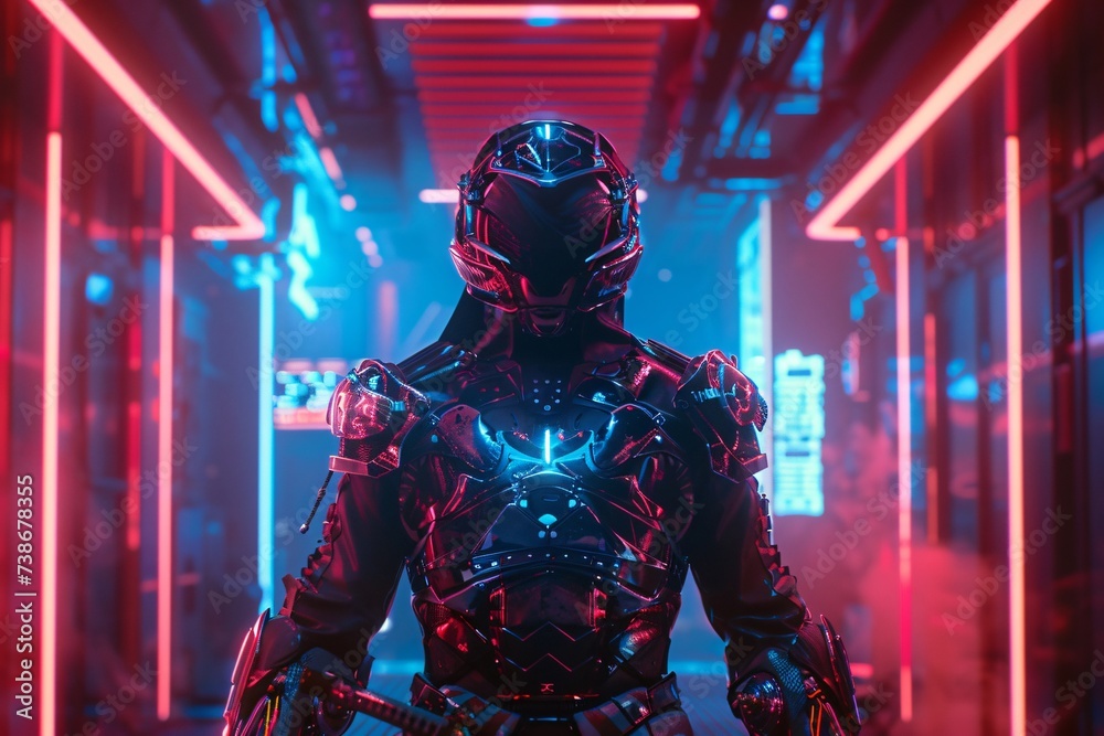 A cybernetic samurai stands at the crossroads of time where ancient honor meets cutting edge technology in a neon lit world