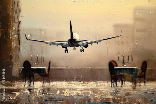 A Painting of a Plane Taking Off and empty tables photo