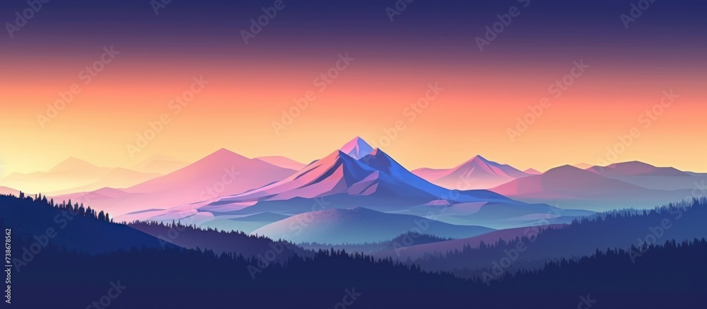 Mountains in the morning or evening with fog and forest. Sunrise and sunset