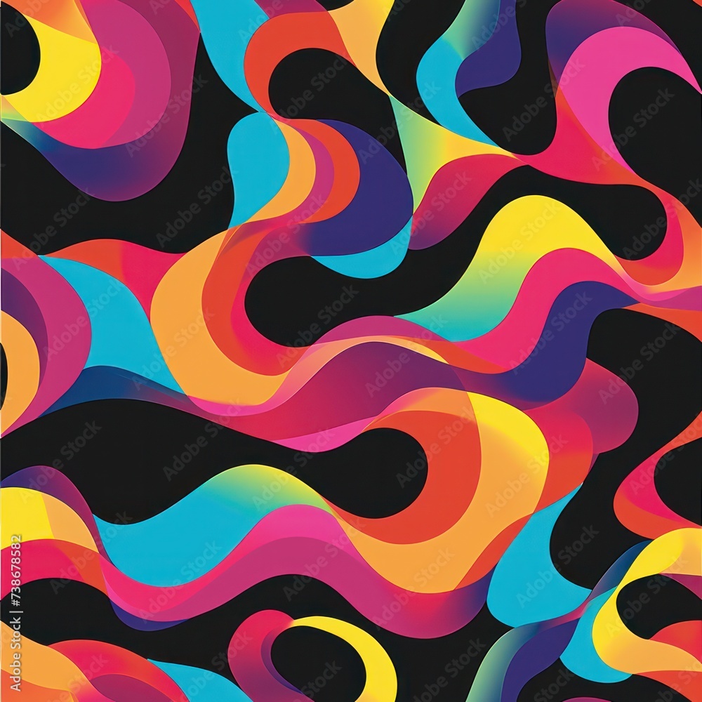 abstract pattern with vibrant colorful and black waves and geometric shapes. Art for interior design. abstract pattern with vibrant colorful and black waves and geometric shapes. Art for interior design.