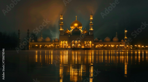 Realistic Golden Islamic Mosque in dark night