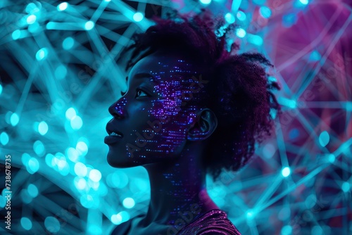 black woman in meta verse with blue purple neon color data set. Data scientist. Technology, it industry and artificial intelligence. 