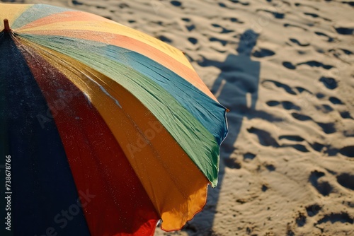 colorful umbrellas on the beach on sunny summer day. Tourist vacation season at resort. Heat wave and extreme weather. Mediterranean lifestyle.  © Dina