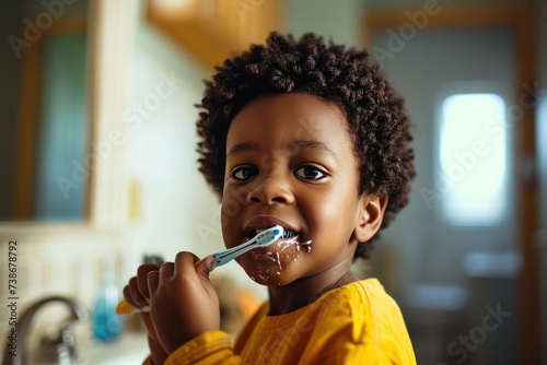 black kid brushing his teeth with toothpaste  in the morning at bathroom. Odontology hygiene and dentistry.  photo