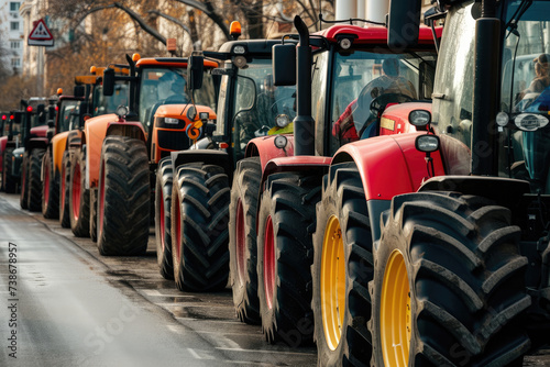 A Row of Tractors Lined Up on the Side of the Road. photo