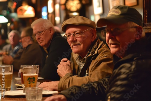 senior men hanging out in irish pub or bar. Guys night out.