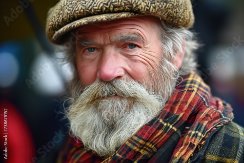 senior elegant Scottish man wearing traditional tartan pattern scarf. Scotland national clothes tradition.