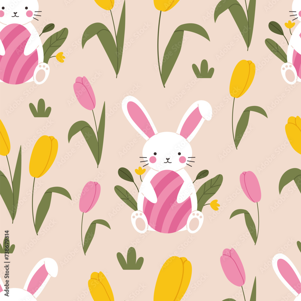 Pattern with cute bunnies and tulips