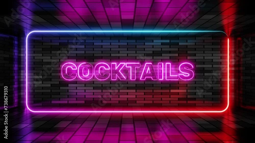 Neon sign cocktails in speech bubble frame on brick wall background 3d render. Light banner on wall background. Cocktails loop alcohol shake, drinking canteen, design template, night neon signboard photo