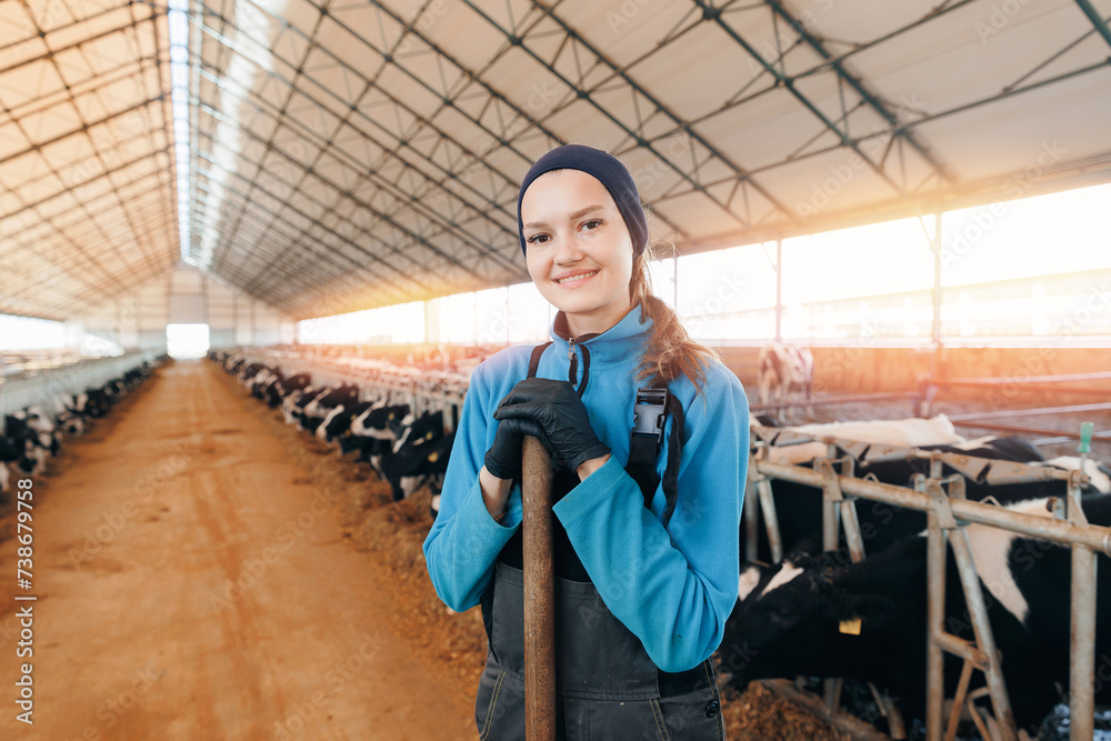 Happy young woman farmer in uniform against background of hangar barn with cows. Concept livestock agriculture industry