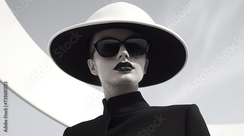 Minimalist black and white portrait of a woman wearing sunglasses and big white hat 
