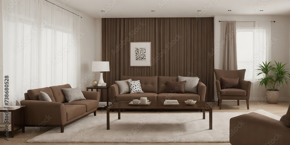 Fototapeta premium Modern living room with brown sofa, wooden table, and furniture with earth tone in a perfect composition.