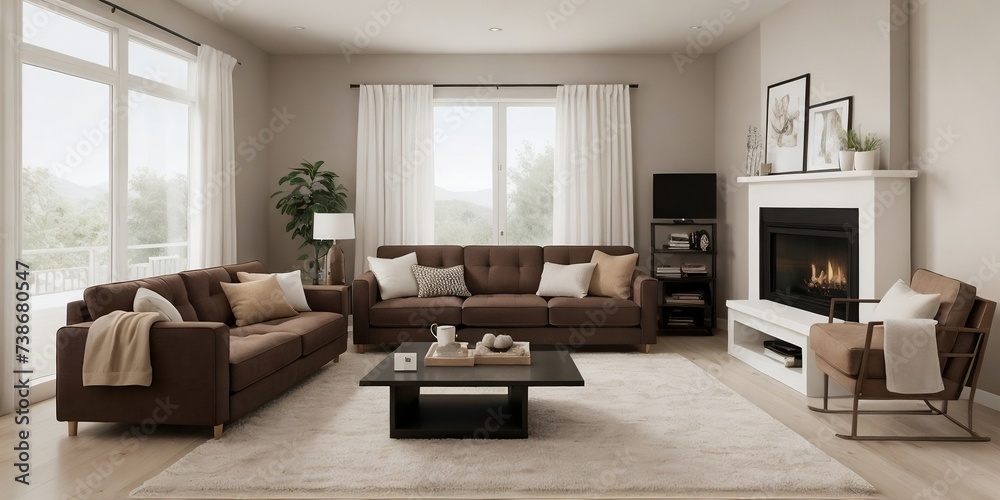 Fototapeta premium Modern living room with brown sofa, wooden table, and furniture with earth tone in a perfect composition.