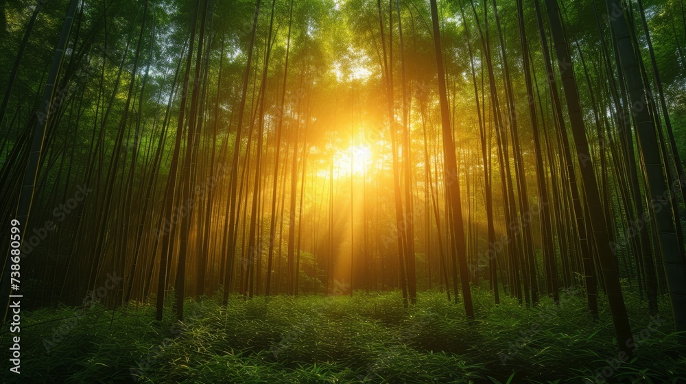 Naklejka premium Tranquil Bamboo Forest with Sunlight Filtering Through: A serene bamboo forest with sunlight filtering through the dense foliage, creating a calming atmosphere.