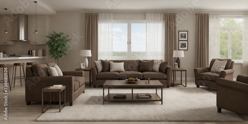 Modern living room with brown sofa, wooden table, and furniture with earth tone in a perfect composition.