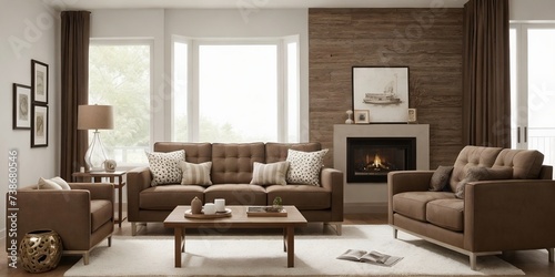 Modern living room with brown sofa  wooden table  and furniture with earth tone in a perfect composition.