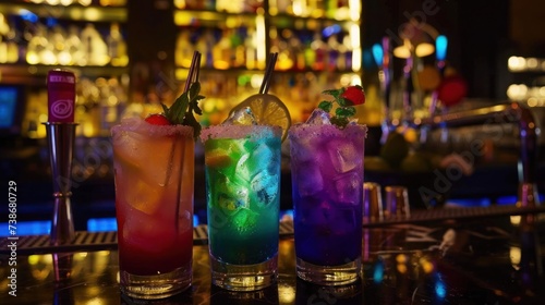 Variety of alcoholic drinks and multi colored cocktails on the reflective surface of bar counter. Blurred shelves with bottles on background © Mark Pollini