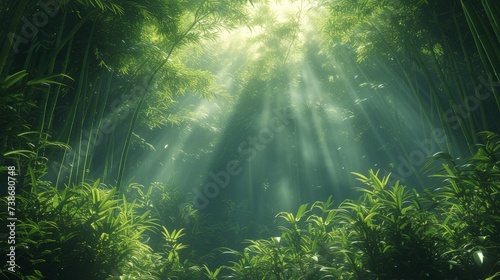 Tranquil Bamboo Forest with Sunlight Filtering Through: A serene bamboo forest with sunlight filtering through the dense foliage, creating a calming atmosphere. © Nico