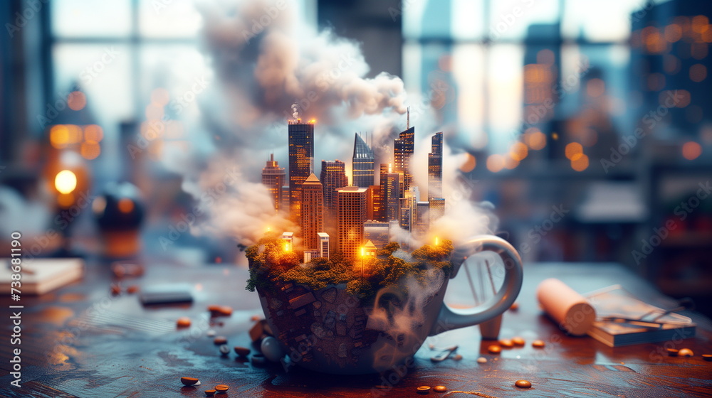A creative concept of a miniature city emerging from a steaming coffee cup on a desk.