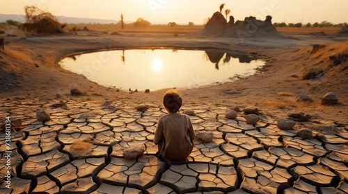 Small boy sits on cracked ground near a dry river. Drought concept. Water crisis and arid environment. Generative AI